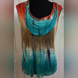 S Point Teal & Orange Tie Dye Cowl Neck Tank - Size S - EUC